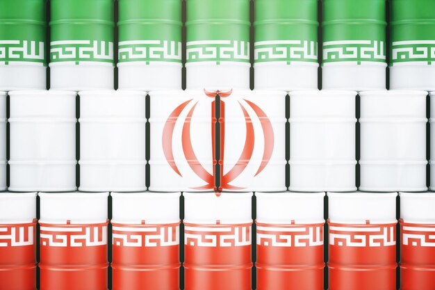 Barili di petrolio con bandiera iraniana