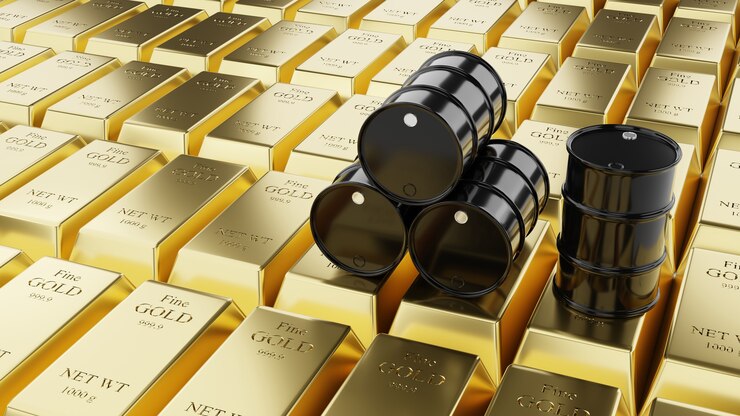 Barili di petrolio neri su sfondo di lingotti d'oro. illustrazione 3D.