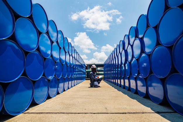 Barili di riserva di petrolio del tamburo del record di ispezione del lavoratore maschio orizzontale blu o chimico per