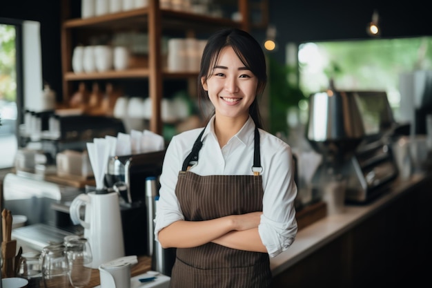 Barista asiatico efficiente che crea caffè perfetto che bilancia il servizio e la tecnologia in un affascinante caffè