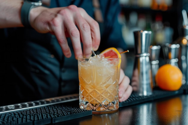 Barista che guarnisce un cocktail con una fetta di agrumi su un bancone del bar con sfondo sfocato