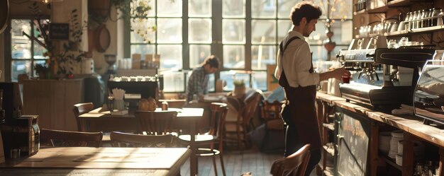 Barista che prepara il caffè in un accogliente caffè illuminato dal sole Concept di ospitalità e stile di vita urbano