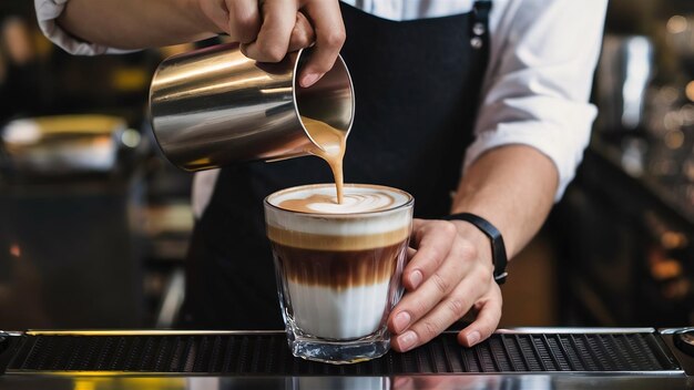 Barista che prepara il cappuccino, barista che prepara la bevanda al caffè