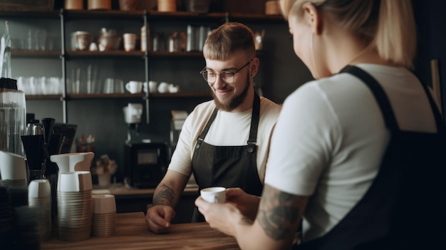 Barista che serve al cliente una tazza di caffè in una caffetteria Generative AI AIG21