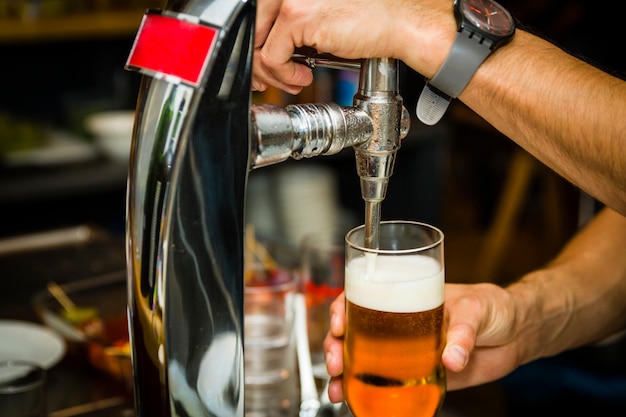 Barista che versa birra fresca fresca dal rubinetto