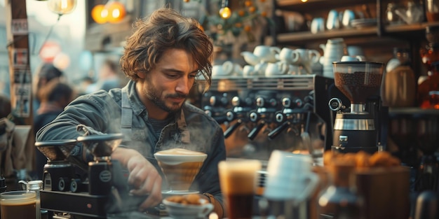 Barista con grembiule che prepara il caffè per il cliente in un piccolo concetto di business del caffè
