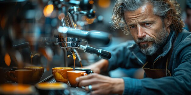 Barista con grembiule che prepara il caffè per il cliente in un piccolo concetto di business del caffè