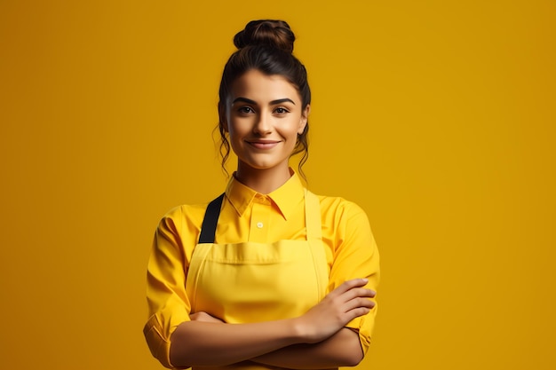 Barista con spazio di copia su sfondo giallo