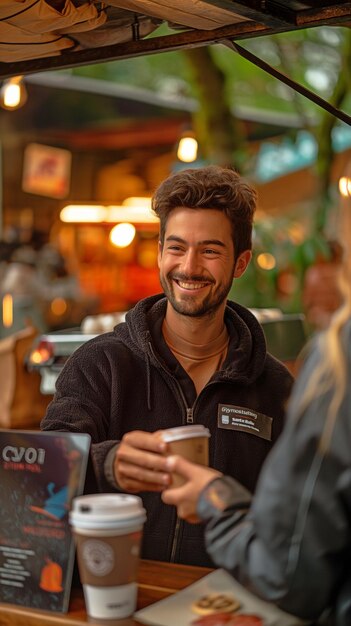 Barista di un camion di caffè con un sorriso allegro che accetta un pagamento senza contatto da un cliente