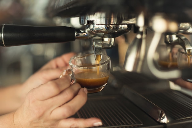 Barista esperto che produce caffè espresso in una moderna macchina da caffè. Primo piano della mano femminile che prepara bevanda di rinforzo. Piccola impresa e concetto di preparazione del caffè professionale