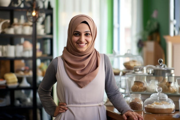 Barista femminile musulmano in piedi nella caffetteria e sorridente