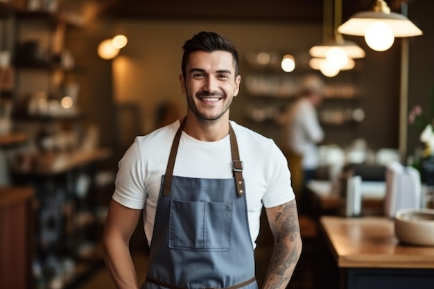 Barista in grembiule che guarda la telecamera e sorride