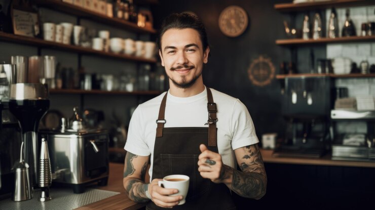 Foto barista maschio che indossa un grembiule al bar con una tazza al bancone generative ai aig21