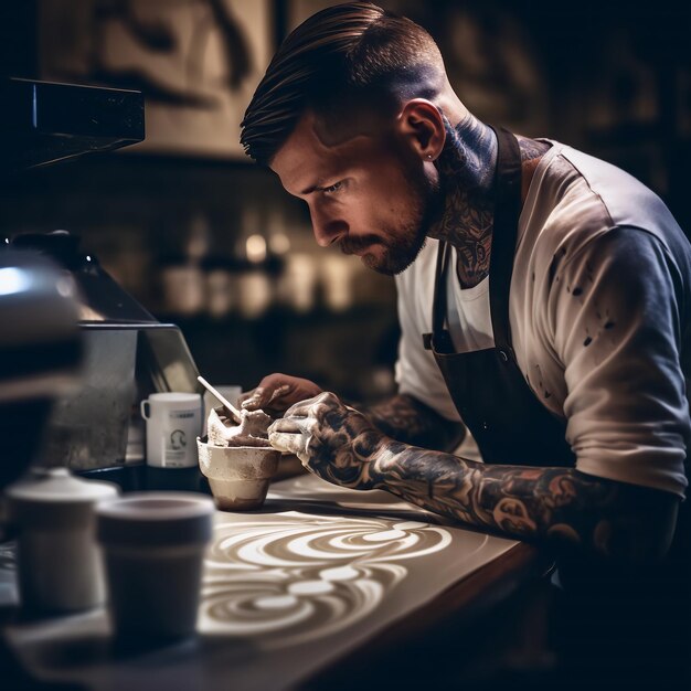 Barista professionista che crea in modo creativo latte art