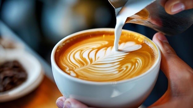 Barista professionista che versa un latte al vapore in una tazza di caffè facendo un primo piano di latte art caffè appena preparato con latte art in una caffetteria deliziosa tazza di cappuccino o un bianco piatto