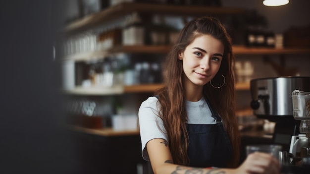 Barista sorridente che indossa un grembiule in piedi al bancone della caffetteria Generative AI AIG21