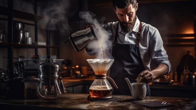 Barista uomo che prepara un caffè americano versando acqua calda dal bollitore su una polvere di caffè macinato Creato con la tecnologia generativa AI