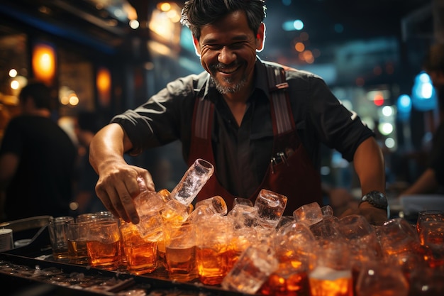 BARMAN shakera agitando i cubetti di ghiaccio coltivando in mix di colori generativi IA