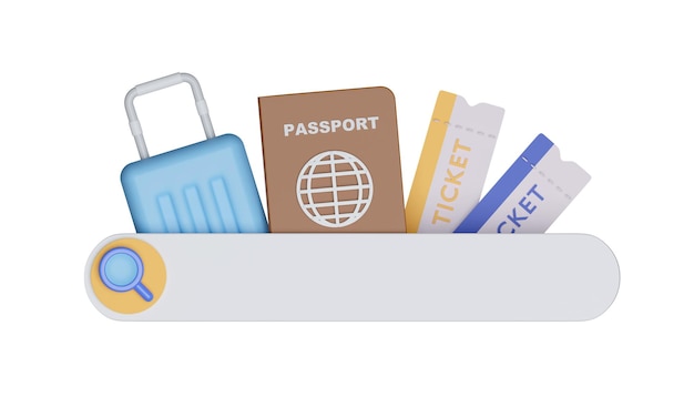 barra di ricerca 3d per la prenotazione e il servizio per la ricerca di viaggio passaporto valigia biglietto per viaggio sul sito Web illustrazione di rendering 3d