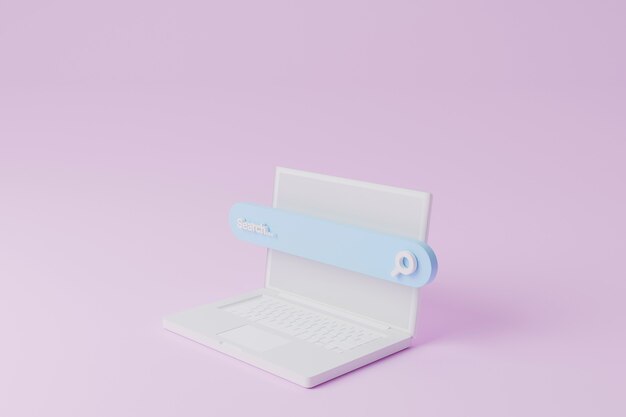 Barra di ricerca e computer portatile su sfondo rosa. Ricerca di dati di informazioni sul concetto di rete Internet. illustrazione 3d