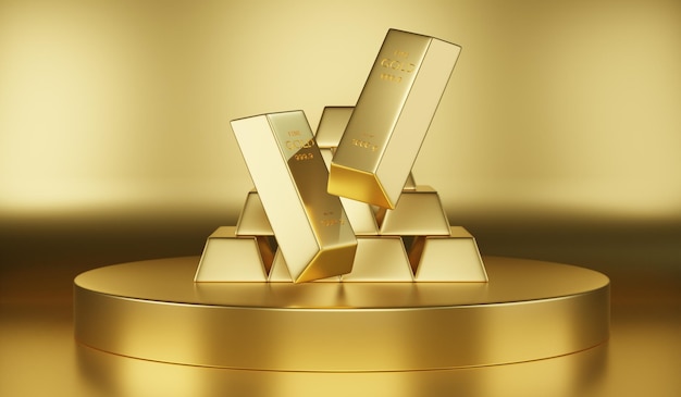 Barre d'oro Concetto di successo negli affari e nella finanza del mercato dell'oro, il commercio di investimenti, l'illustrazione 3d