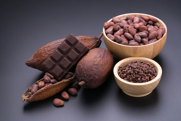 Barretta di cioccolato e baccello di cacao essiccato su sfondo nero