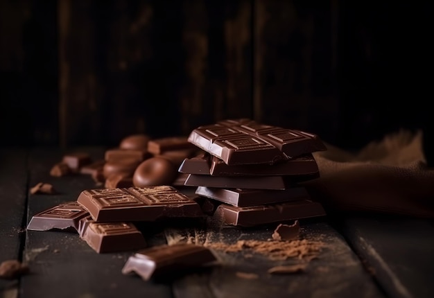 Barrette di cioccolato e cacao in polvere su uno sfondo di legno Messa a fuoco selettiva