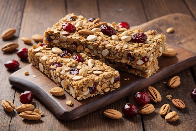 Barrette di muesli con noci miste e mirtilli rossi su un vecchio tavolo di legno