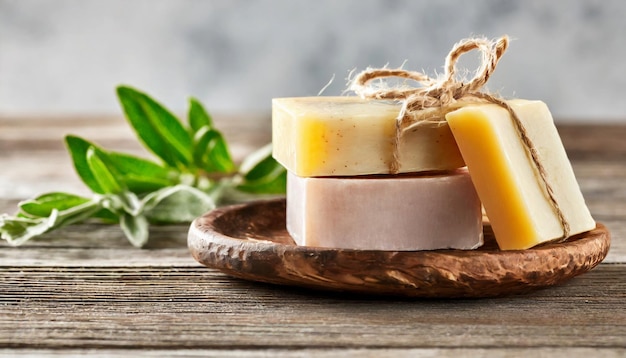 Barrette di sapone naturale fatto a mano e ramo con foglie verdi