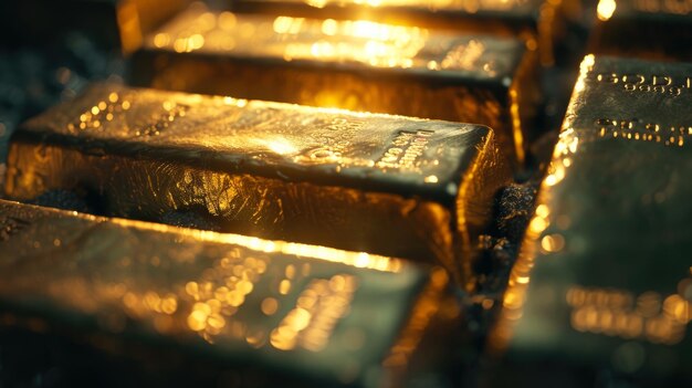 Barri d'oro sullo sfondo molti lingotti d'oro nel caveau bancario mattoni o blocchi lucidi close-up concetto di denaro ricchezza finanza lingotti e riserve