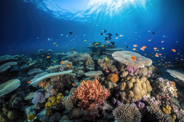 Barriera corallina circondata da banchi di pesci colorati e altra vita marina creata con l'IA generativa