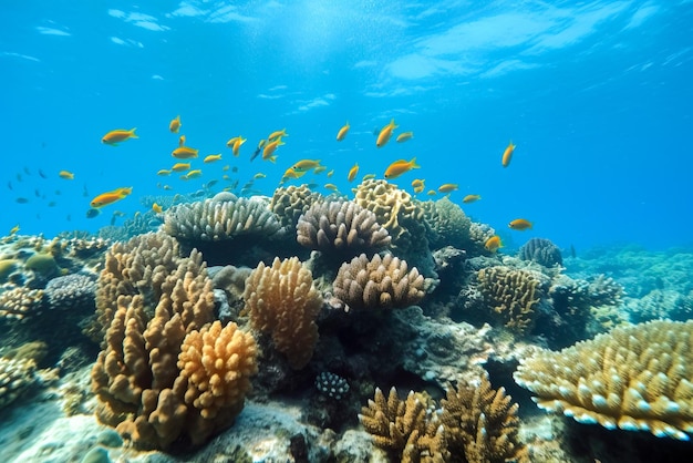 Barriera corallina con un pesce giallo sul fondo.