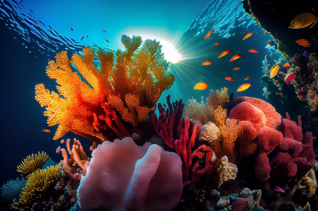 Barriera corallina con una varietà di coralli colorati AI generativa