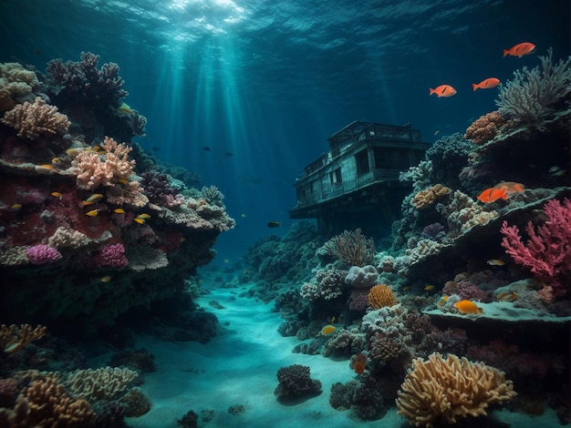 Barriera corallina e relitti sul fondo dell'oceano