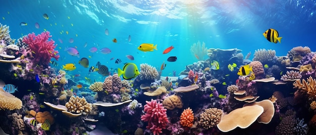 Barriera corallina tropicale subacquea con pesci marini colorati