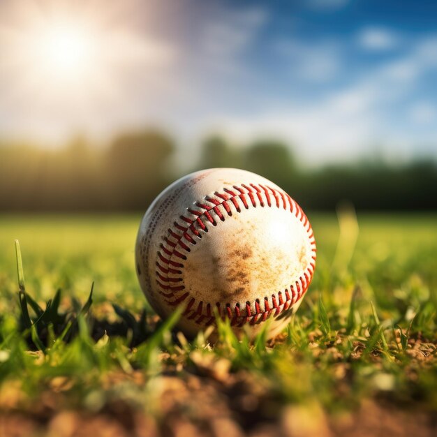 Baseball in pelle bianca su campo da gioco verde vicino spazio di sfondo sfocato per il testo