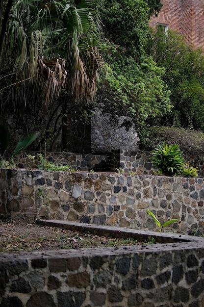 Basi in pietra muratura Piattaforme con vegetazione piante e alberi scale in mattoni rossi