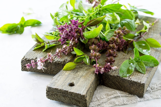 Basilico verde e viola su un tagliere