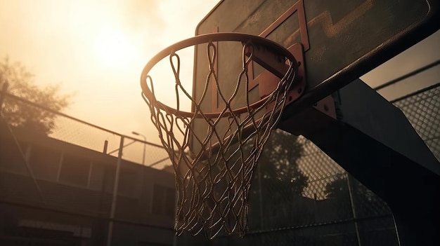 Basket che segna attraverso il cerchio durante il concetto di squadra sportiva al tramonto