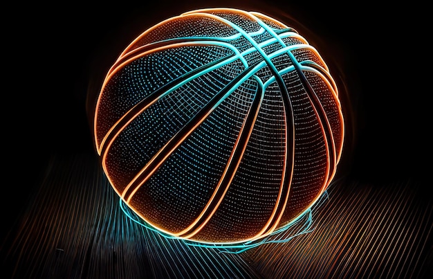 Basket in illuminazione al neon su uno sfondo scuro