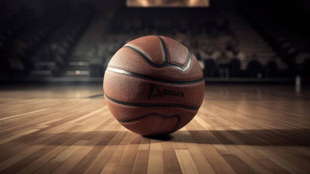 Basket su pavimento di legno con sfondo di stadio