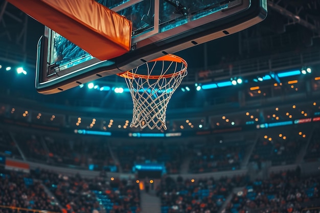 Basketball Hoop Closeup con sfondo dell'arena generato dall'AI