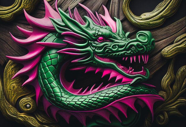 Basorilievo in legno intagliato di drago dipinto in verde e rosa