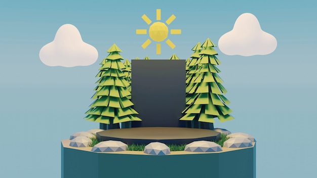 bassa foresta poli con sole e nuvole nel cielo estate sfondo 3d render