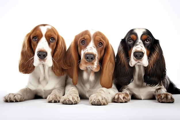 Bassett Hounds cani isolati su sfondo bianco semplice