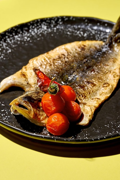 Bassino fritto con pomodori al forno in un piatto nero su uno sfondo giallo