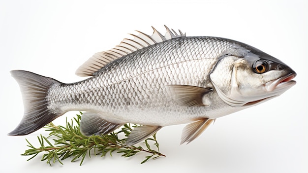 Basso marino grezzo Un pesce fresco di basso marino isolato su sfondo bianco con percorso di taglio