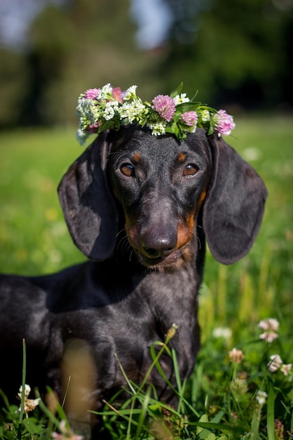 Bassotto cane nero primo piano ritratto in corona di fiori