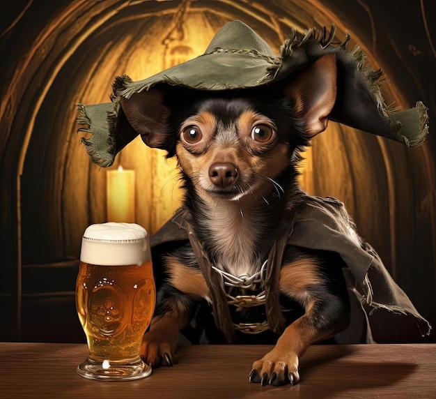 bassotto chihuahua con due birre che reggono il cappello nello stile del mondo accademico goblin