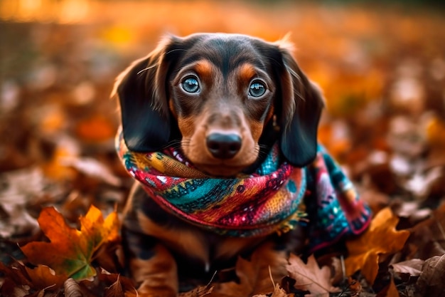 Bassotto in una sciarpa colorata con uno sguardo triste